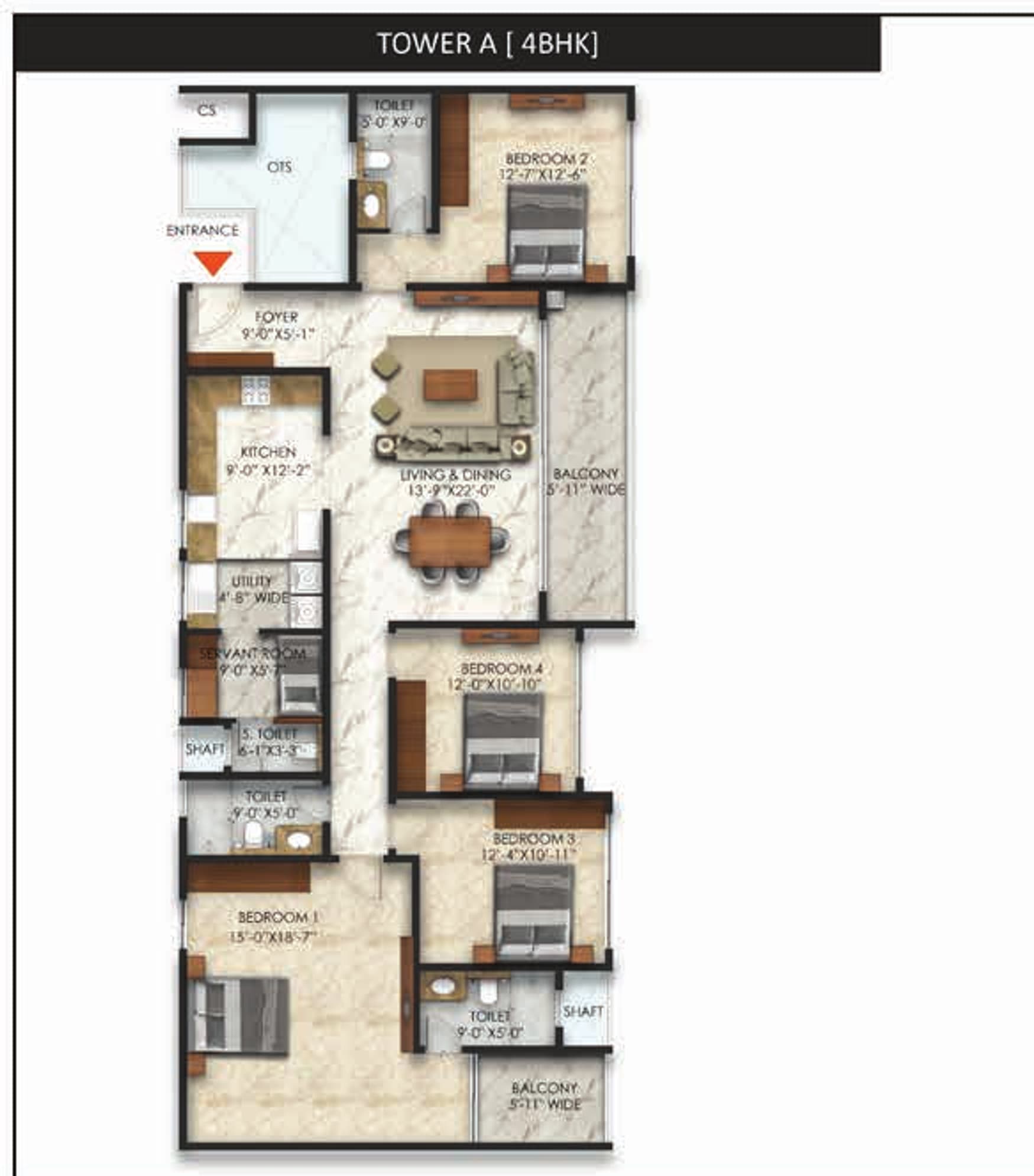 Floor plan, Tower A · 4BHK-3T Type 1