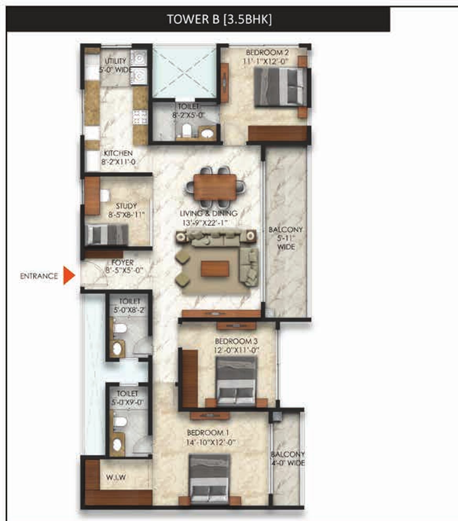 Floor plan, Tower B · 3.5BHK-3T Type 1