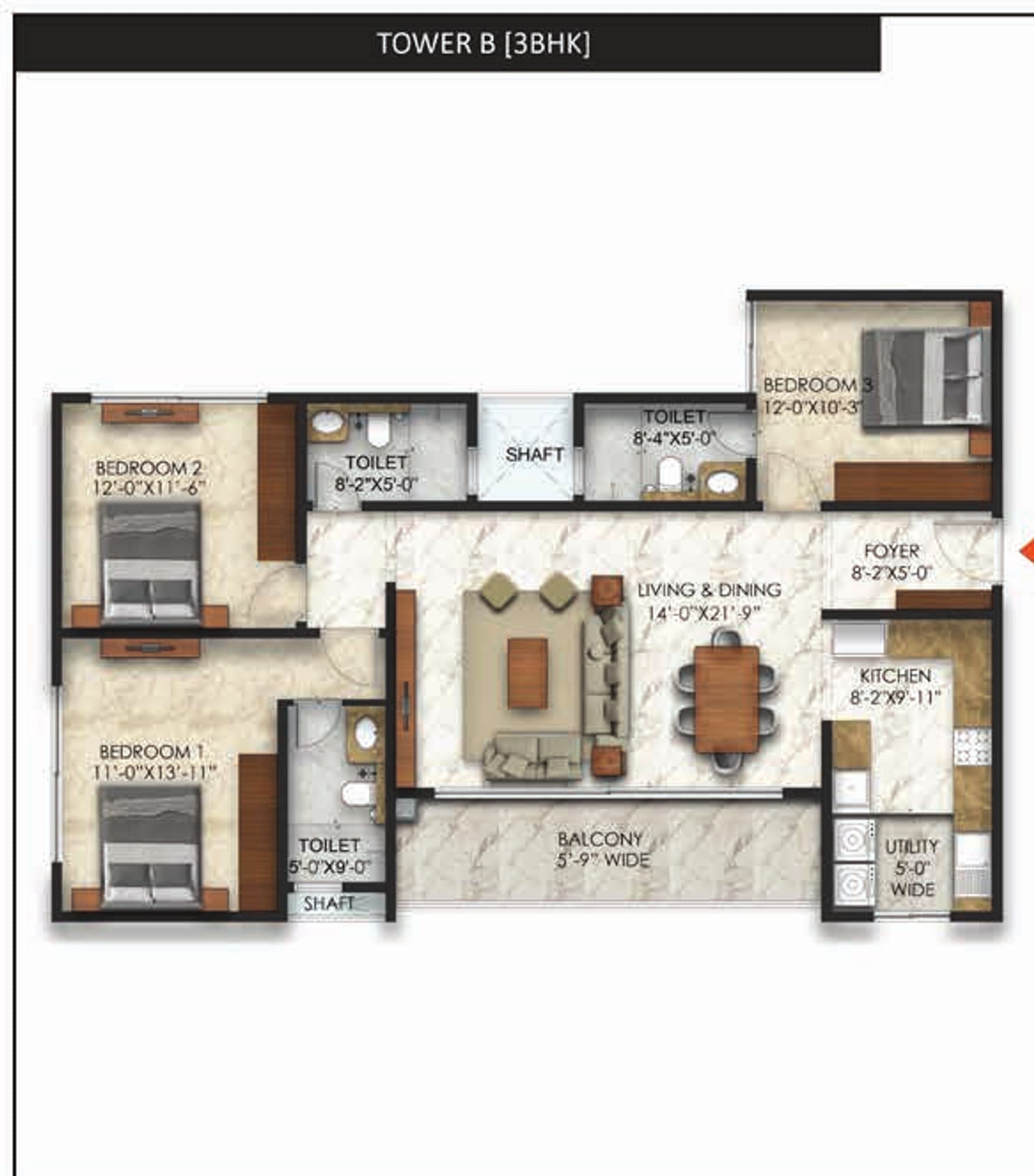 Floor plan, Tower B · 3BHK-3T Type 3