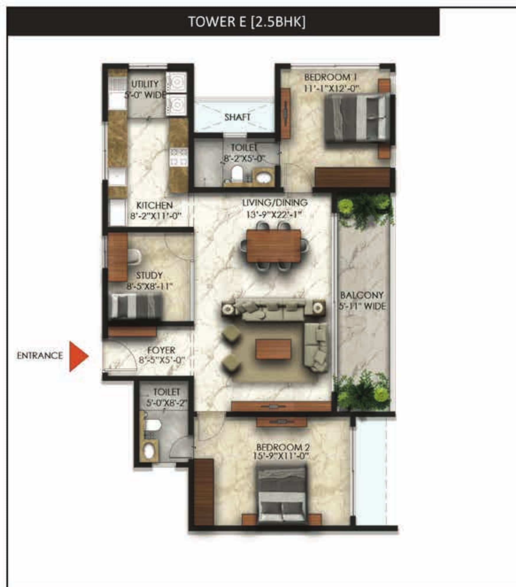 Floor plan, Tower E · 2.5BHK-2T Type 1
