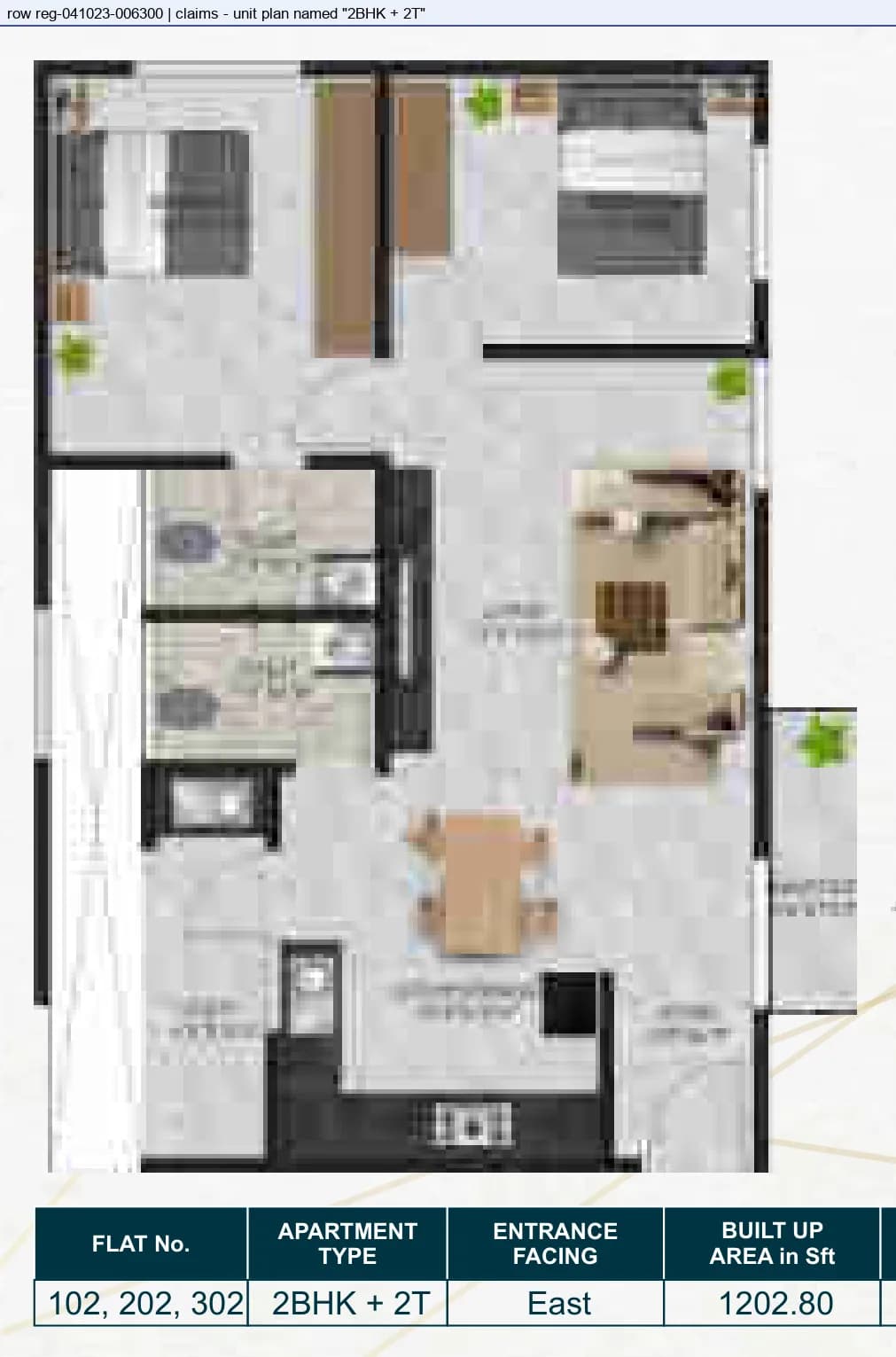 Floor plan, 2 BHK + 2T