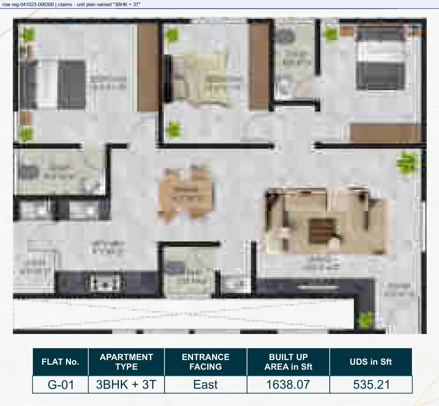 Floor plan, 3 BHK + 3T