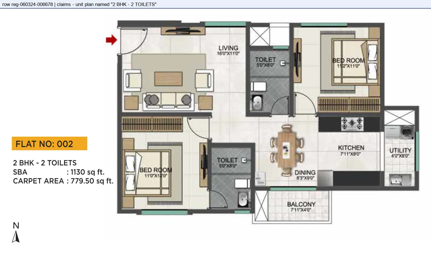 Floor plan, 2 BHK - 2 TOILETS