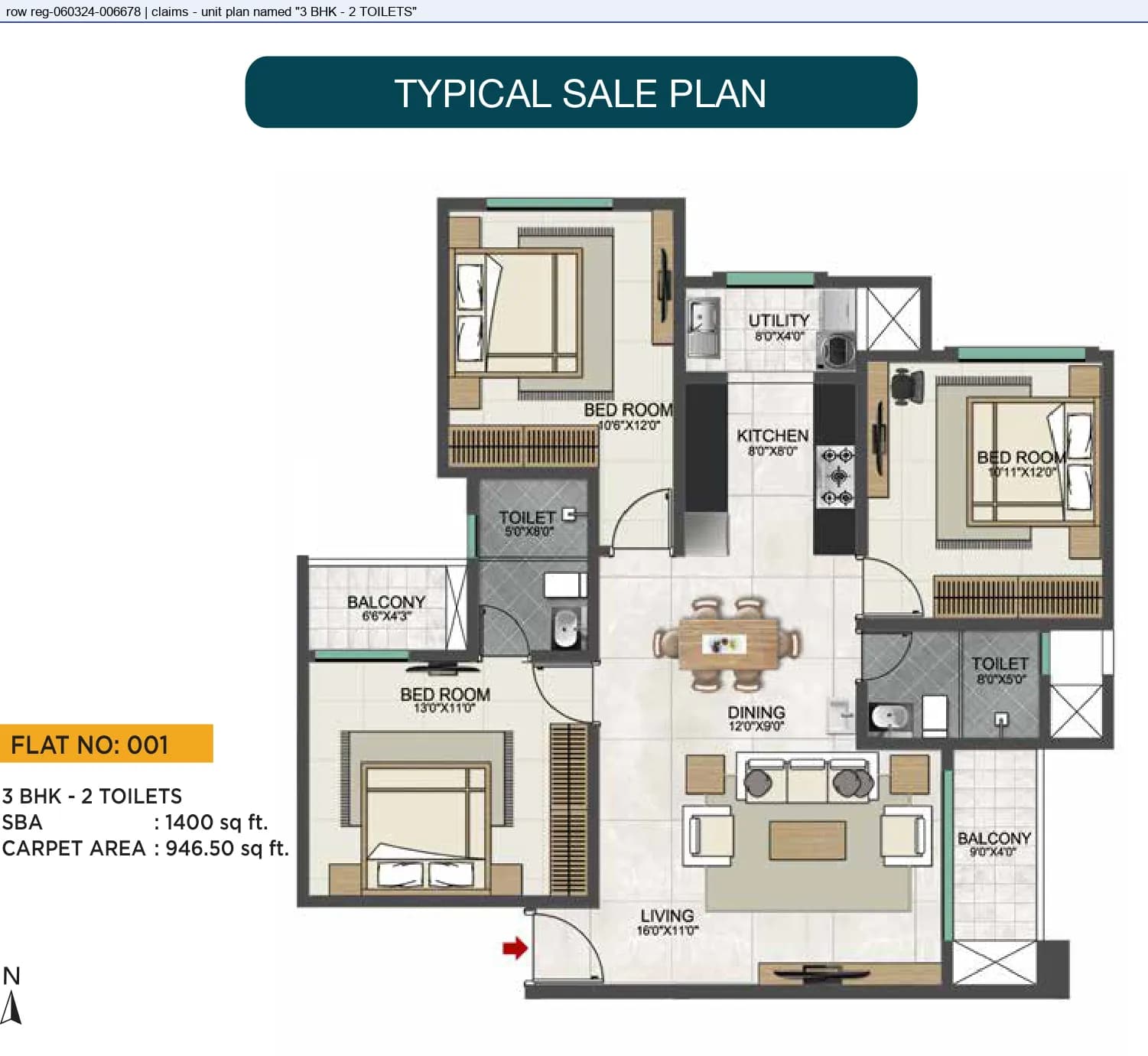 Floor plan, 3 BHK - 2 TOILETS