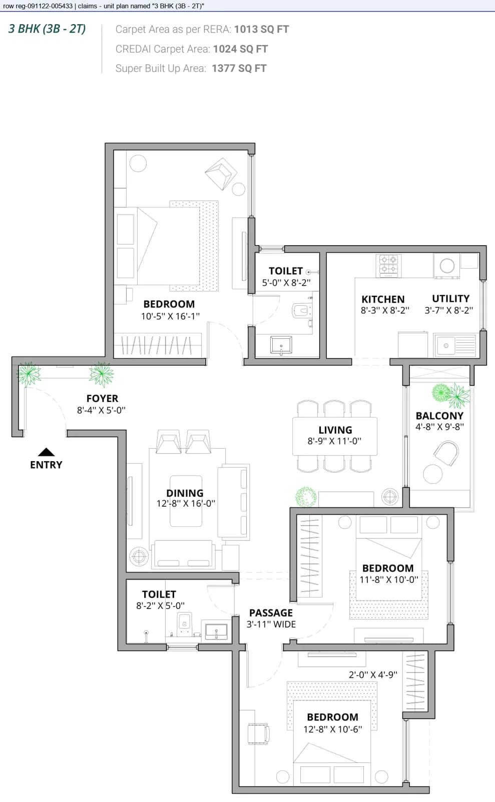 Floor plan, 3 BHK · 3b - 2t