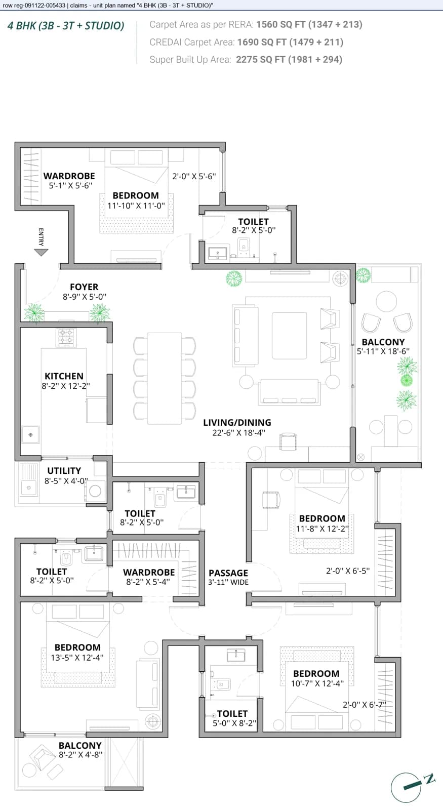Floor plan, 4 BHK · 3b - 3t + studio