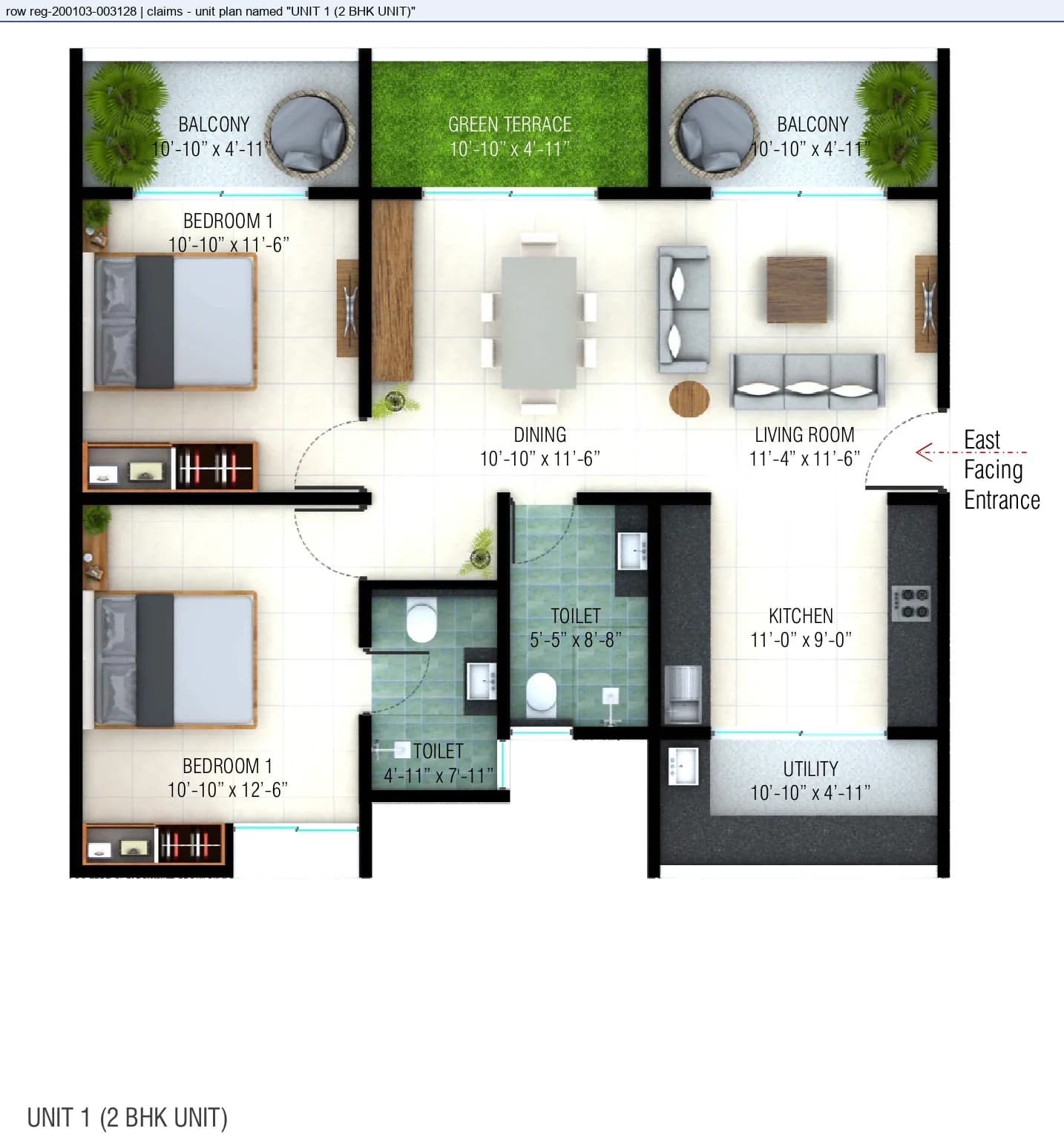 Floor plan, UNIT 1 · 2 bhk unit