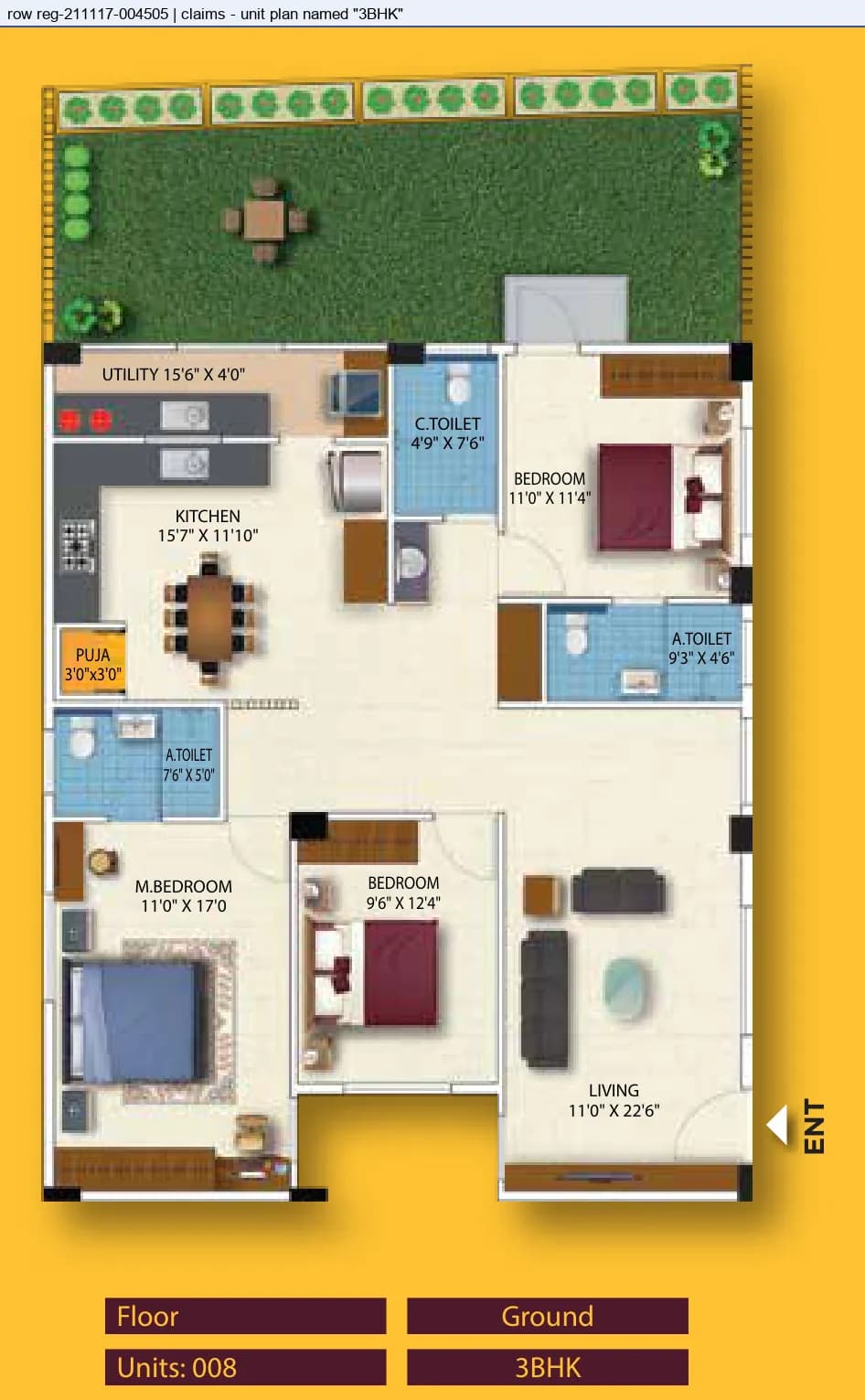 Floor plan, 3 BHK